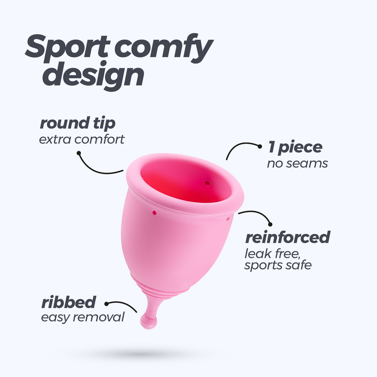 Diagram of a pink menstrual cup with callouts for "Sport comfy design," "1 piece no seams," "reinforced leak free," "ribbed easy removal," and "round tip extra comfort.