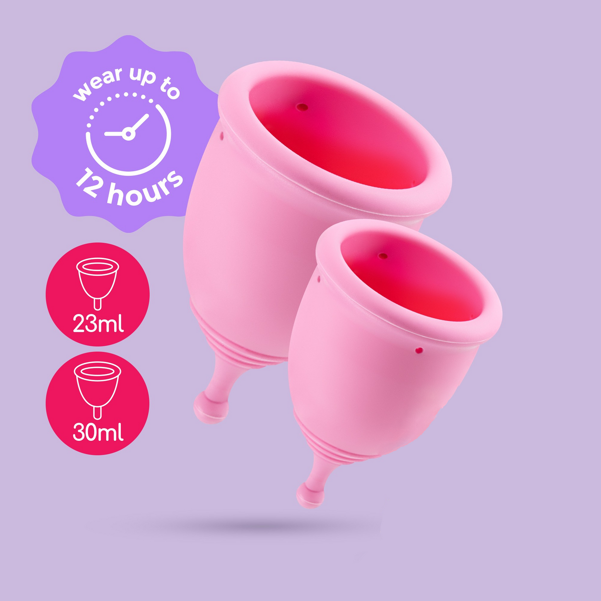 Two pink Crushious Minerva Reusable Menstrual Cups(23ml and 30ml) with text "wear up to 12 hours." Imagen principal del producto