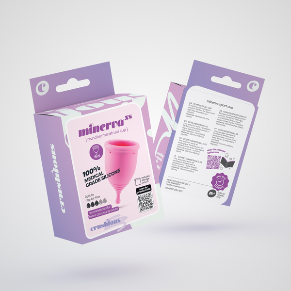 Minerva XS Menstrual Cup Box packaging, showing the cup, 100% Medical Grade Silicone and its recommendation for teens and young adults.