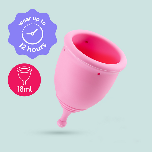 Crushious Minerva XS Menstrual Cup in pink, showing key features: 12 hours wear and 18ml capacity graphics.