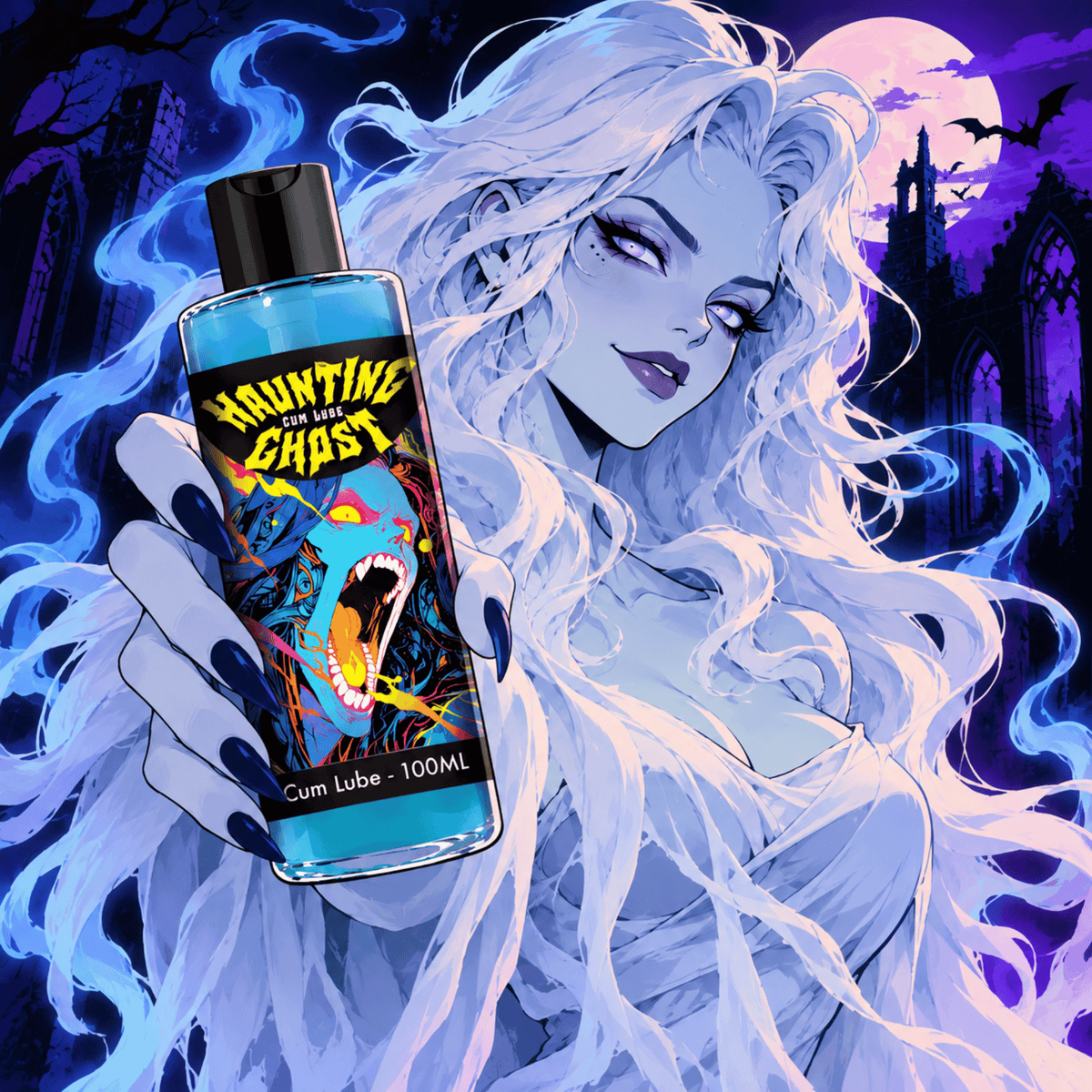 White-haired ghost woman holds a blue bottle of “Haunting Ghost” lube against a moonlit gothic background.