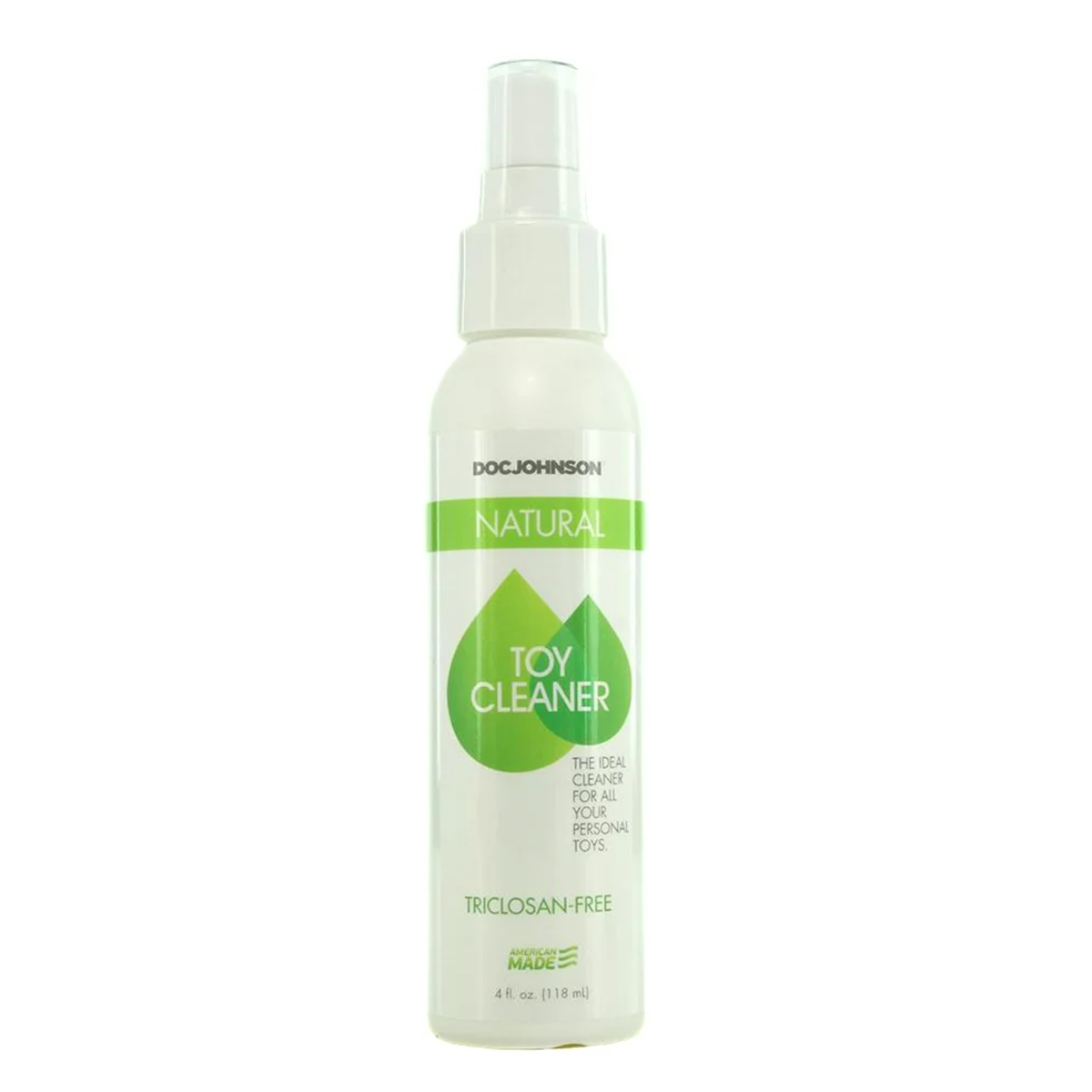 Front studio shot of the 4 fl oz (118 ml) white spray bottle of Doc Johnson Natural Toy Cleaner with a green leaf design emblem and clear spray nozzle.