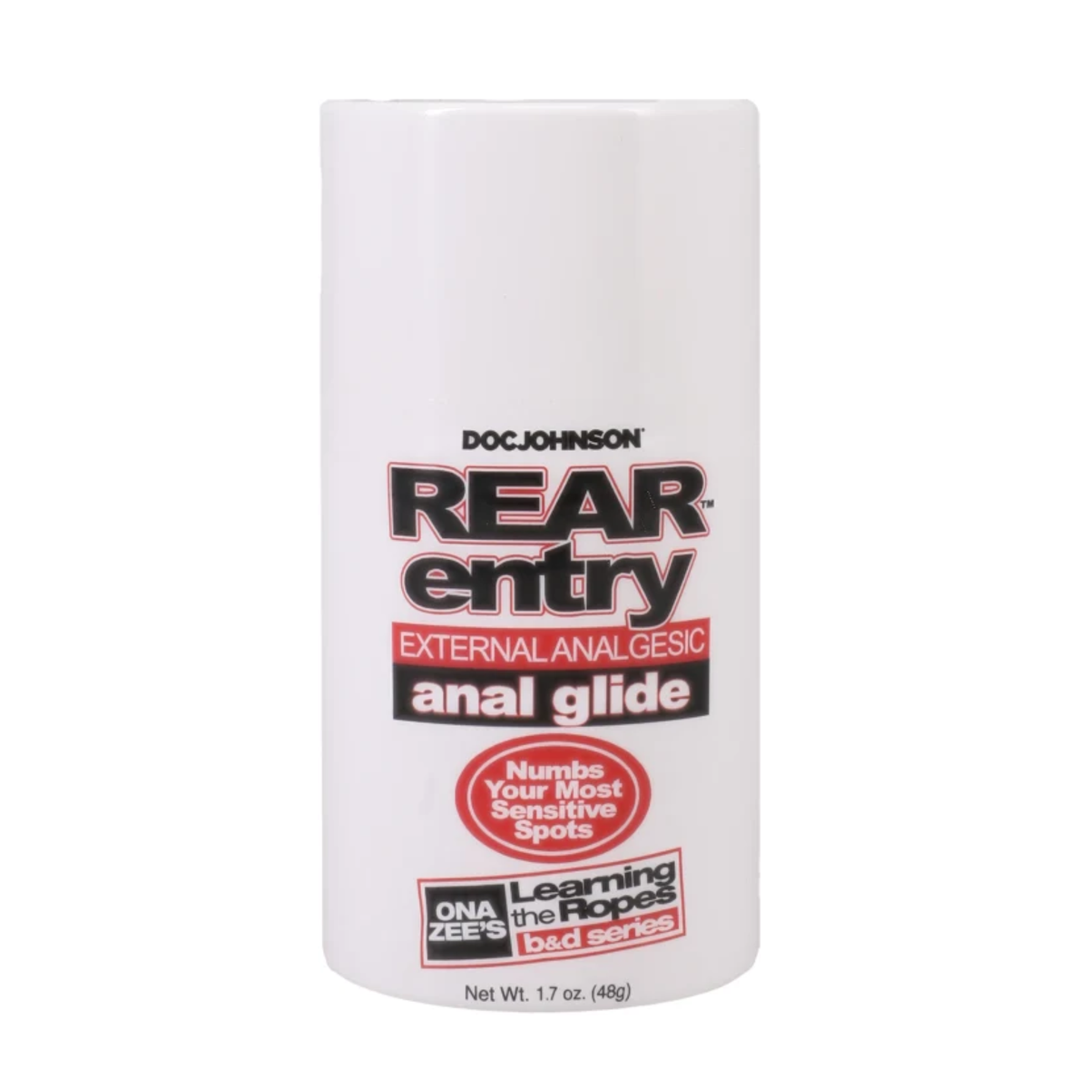 Front studio shot of a 1.7 oz (48g) white squeeze bottle of Doc Johnson Rear Entry External Analgesic Anal Glide featuring red and black text detailing "Numbs Your Most Sensitive Spots" and Ona Zee's Learning the Ropes B&D Series branding. Imagen principal del producto