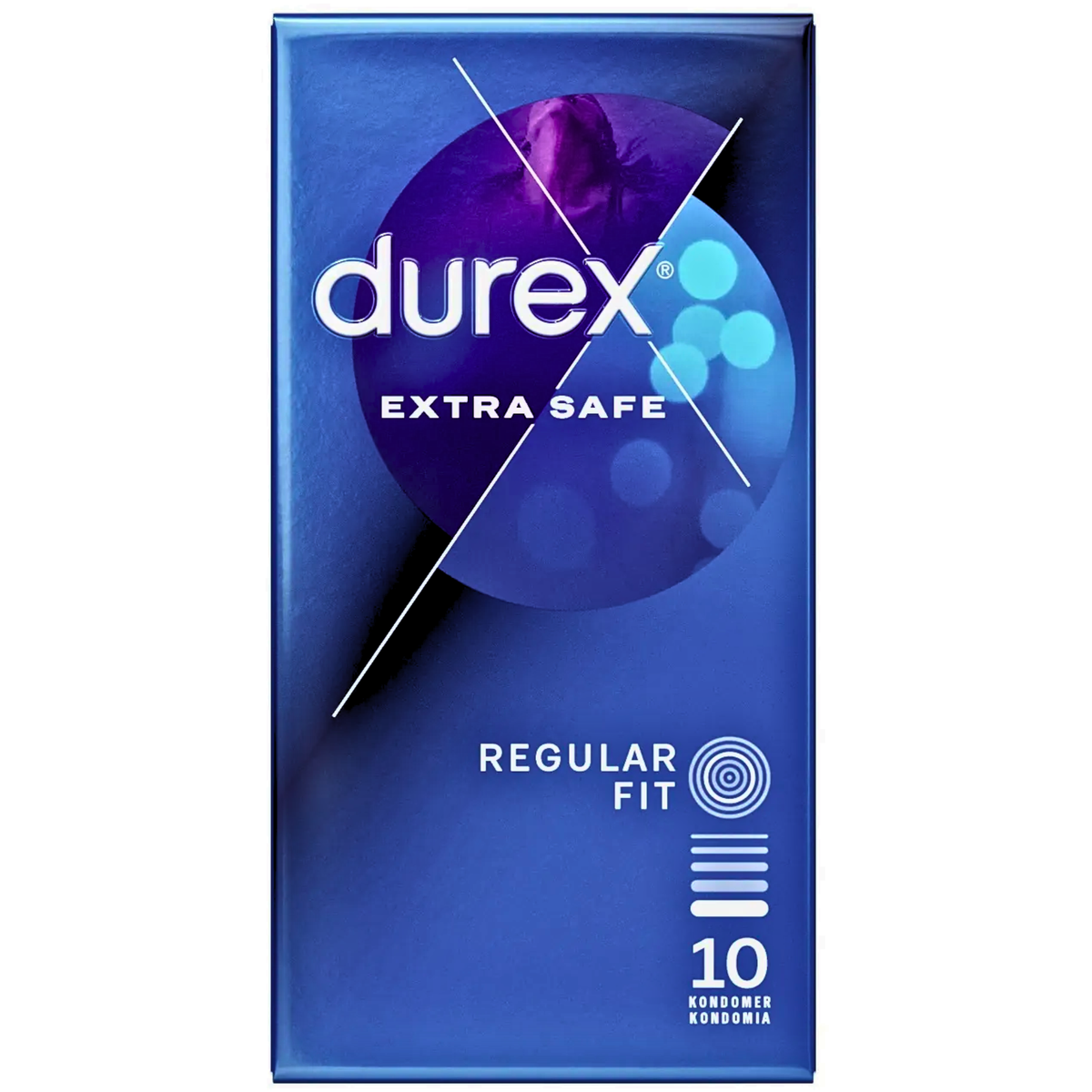 The front of a blue Durex Extra Safe condom box. It features a circular graphic of purple and blue light bokeh at the top. Text indicates "Regular Fit" and contains 10 condoms. Imagen principal del producto