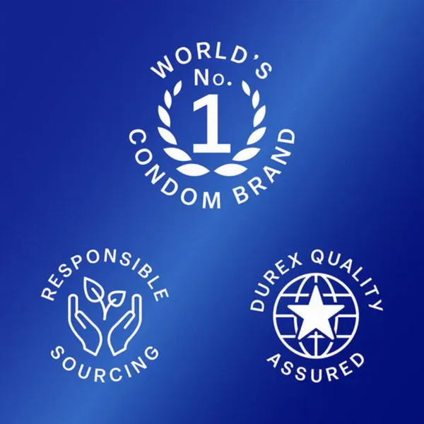 Three white circular icons on a blue background. The top icon says "World's No. 1 Condom Brand" with a laurel wreath. The bottom left shows hands holding leaves for "Responsible Sourcing," and the bottom right shows a star inside a globe for "Durex Quality Assured.