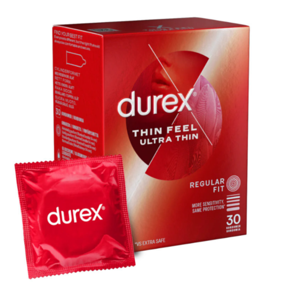 An angled image of the red Durex Thin Feel Ultra Thin 30-pack box standing behind a single red foil condom wrapper labeled "durex." The box lists features like "Regular Fit" and "More Sensitivity, Same Protection. Imagen principal del producto