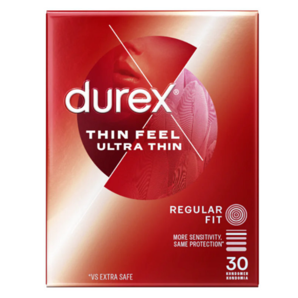 A straight-on view of the front of the Durex Thin Feel Ultra Thin box. The metallic red box features a circular graphic of a person’s face and textures. Key labels include "Regular Fit," a "30" count, and a footnote stating "*vs Extra Safe."