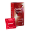 An angled image of the red Durex Thin Feel Ultra Thin 10-pack box standing behind a single red foil condom wrapper labeled "durex." The box lists features like "Regular Fit" and "More Sensitivity, Same Protection.