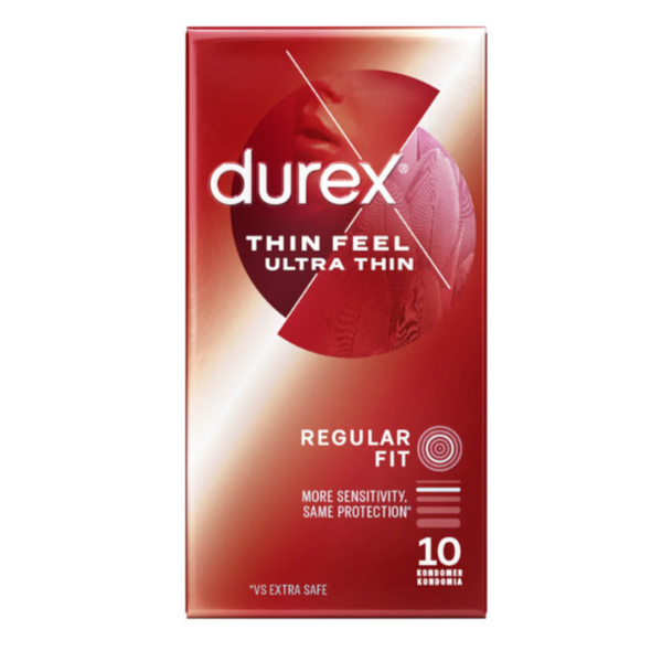 A straight-on view of the front of the Durex Thin Feel Ultra Thin box. The metallic red box features a circular graphic of a person’s face and textures. Key labels include "Regular Fit," a "10" count, and a footnote stating "*vs Extra Safe."
