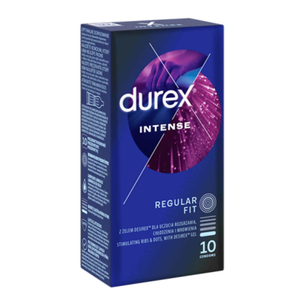 An image of a dark blue Durex Intense condom box. The front and side panels are visible, featuring a circular graphic with a purple-tinted silhouette of hands and pink light trails. The side panel contains technical information in multiple languages. The front text highlights "Regular Fit," "Stimulating Ribs & Dots," and "With Desirex™ Gel." The box contains 10 condoms. Imagen principal del producto