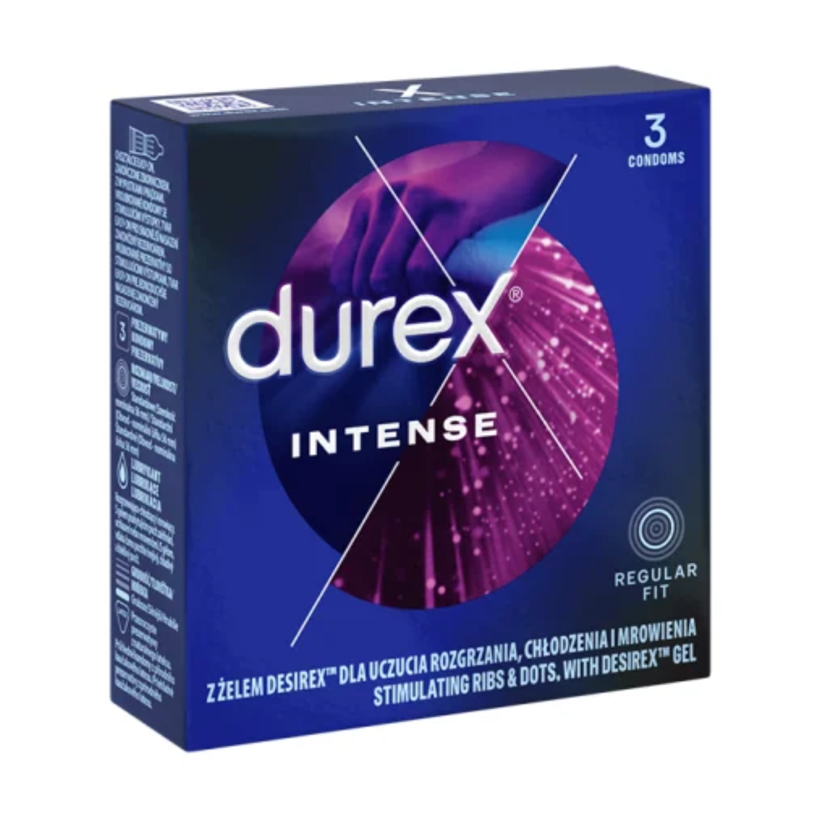 An image of a square dark blue Durex Intense condom box. The front and left side panels are visible, showing technical icons and product details in multiple languages (including Polish and Czech). The box design features a circular graphic with a purple-tinted silhouette of hands and pink light trails, with "Regular Fit" and "3 Condoms" noted on the front. Imagen principal del producto