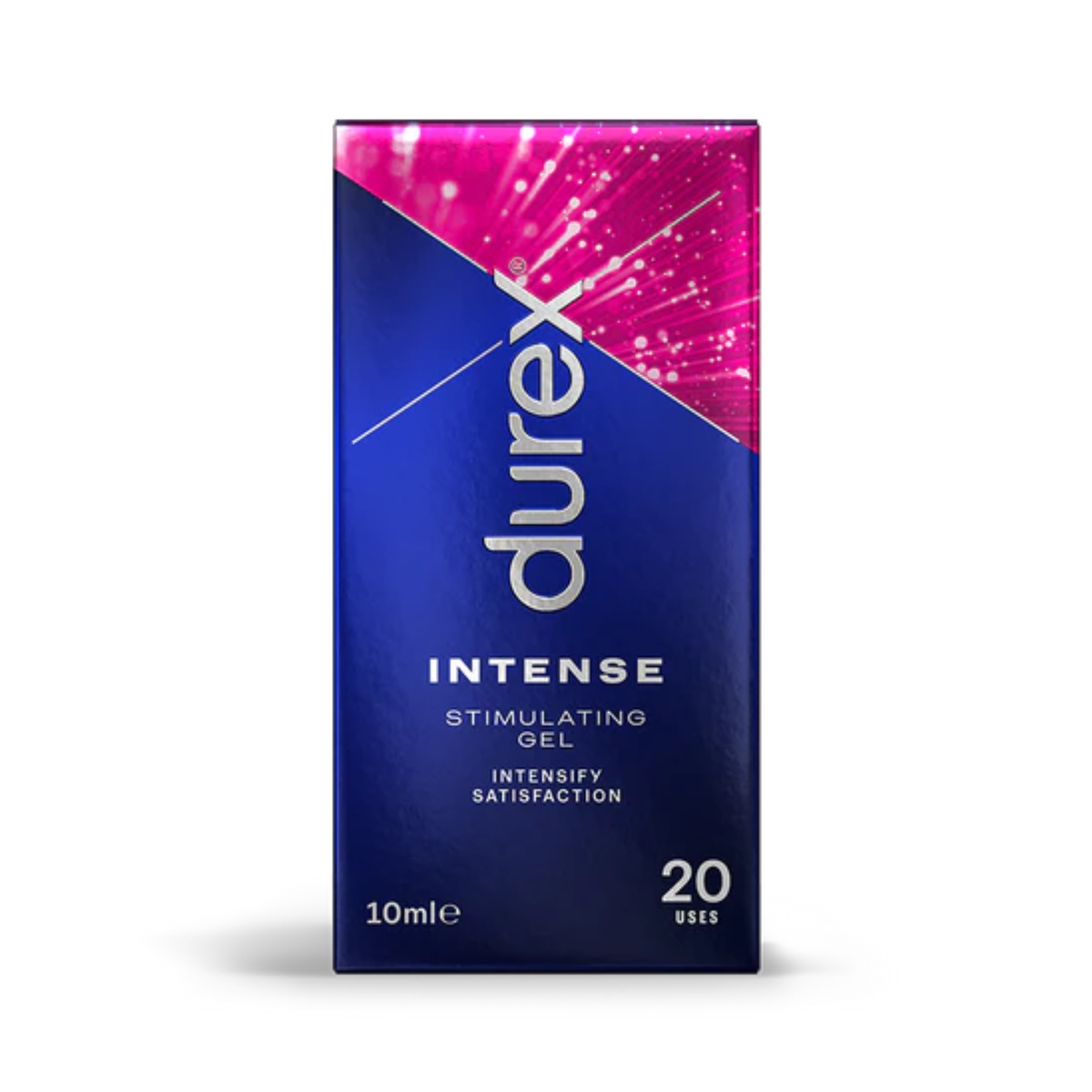A close-up of the front of the Durex Intense Stimulating Gel box. The box is dark blue and black with a bright pink, sparkling graphic. The text reads: "durex", "INTENSE", "STIMULATING GEL", "INTENSIFY SATISFACTION", "10mle", and "20 USES". Imagen principal del producto