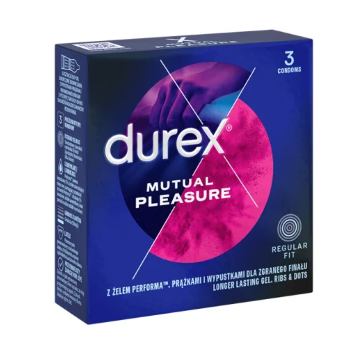 An image of the Durex Mutual Pleasure condom box. The dark blue packaging features a prominent pink and purple circular graphic with a silhouette of hands. The side panel displays technical icons and descriptions in multiple languages, including Polish.
