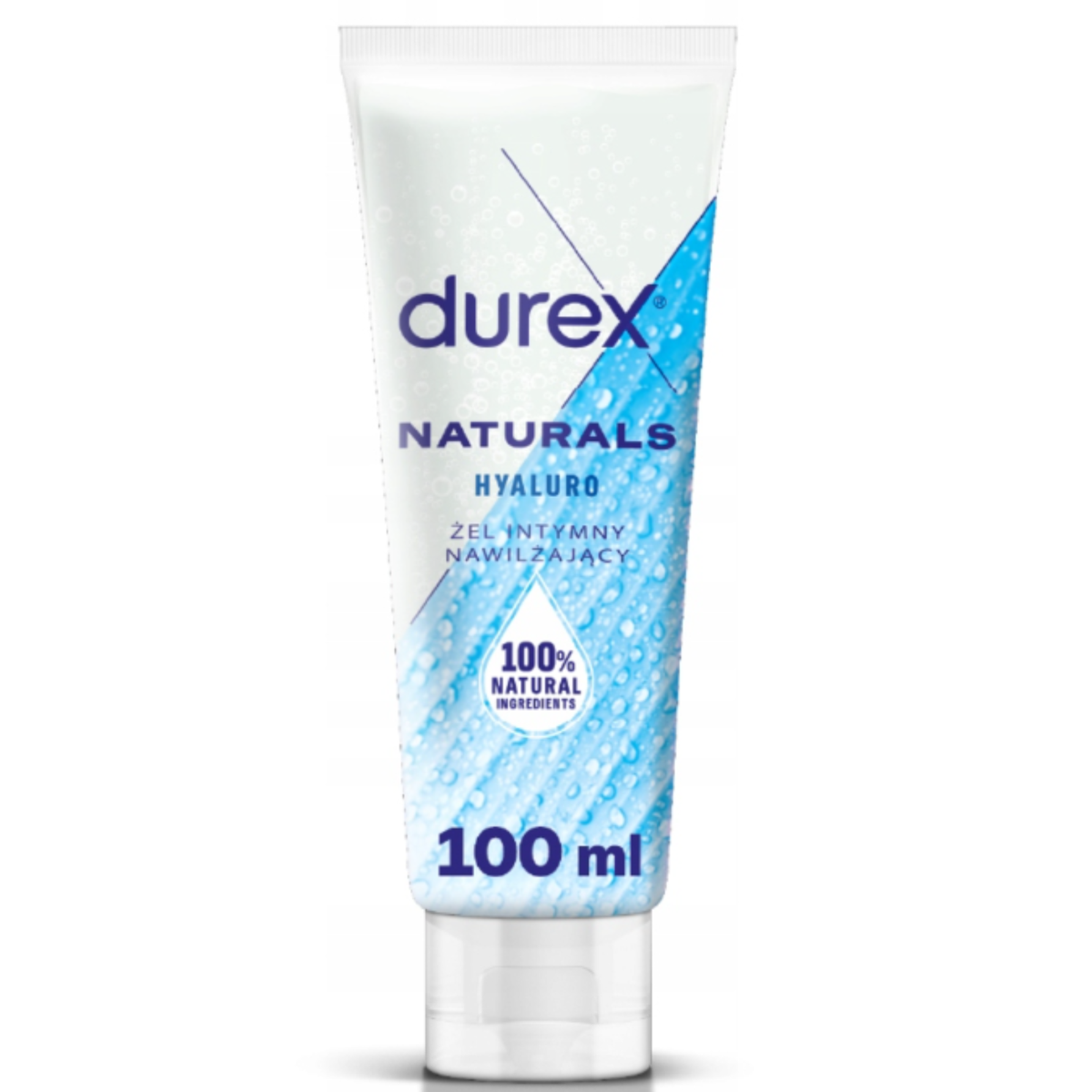 A front-facing image of the Durex Naturals Hyaluro 100ml tube. The packaging is white with a bright blue diagonal leaf graphic covered in water droplets and a '100% Natural Ingredients' seal. Imagen principal del producto