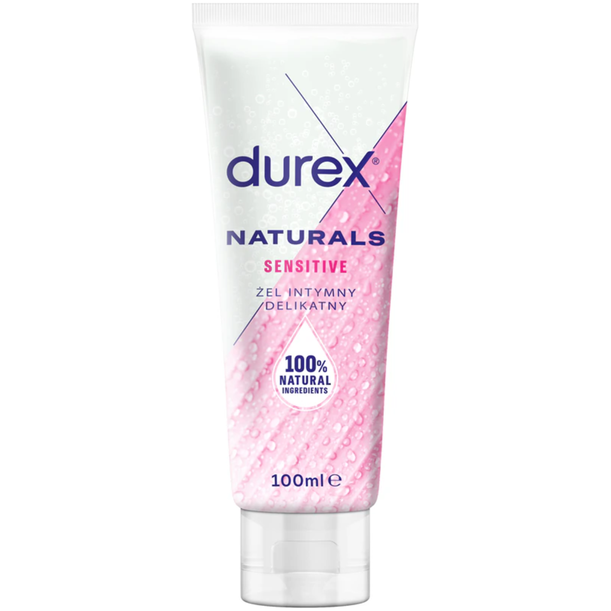 An image of a 100ml tube of Durex Naturals Sensitive. The white tube features a vibrant pink diagonal leaf pattern covered in water droplets and a '100% Natural Ingredients' seal. Imagen principal del producto