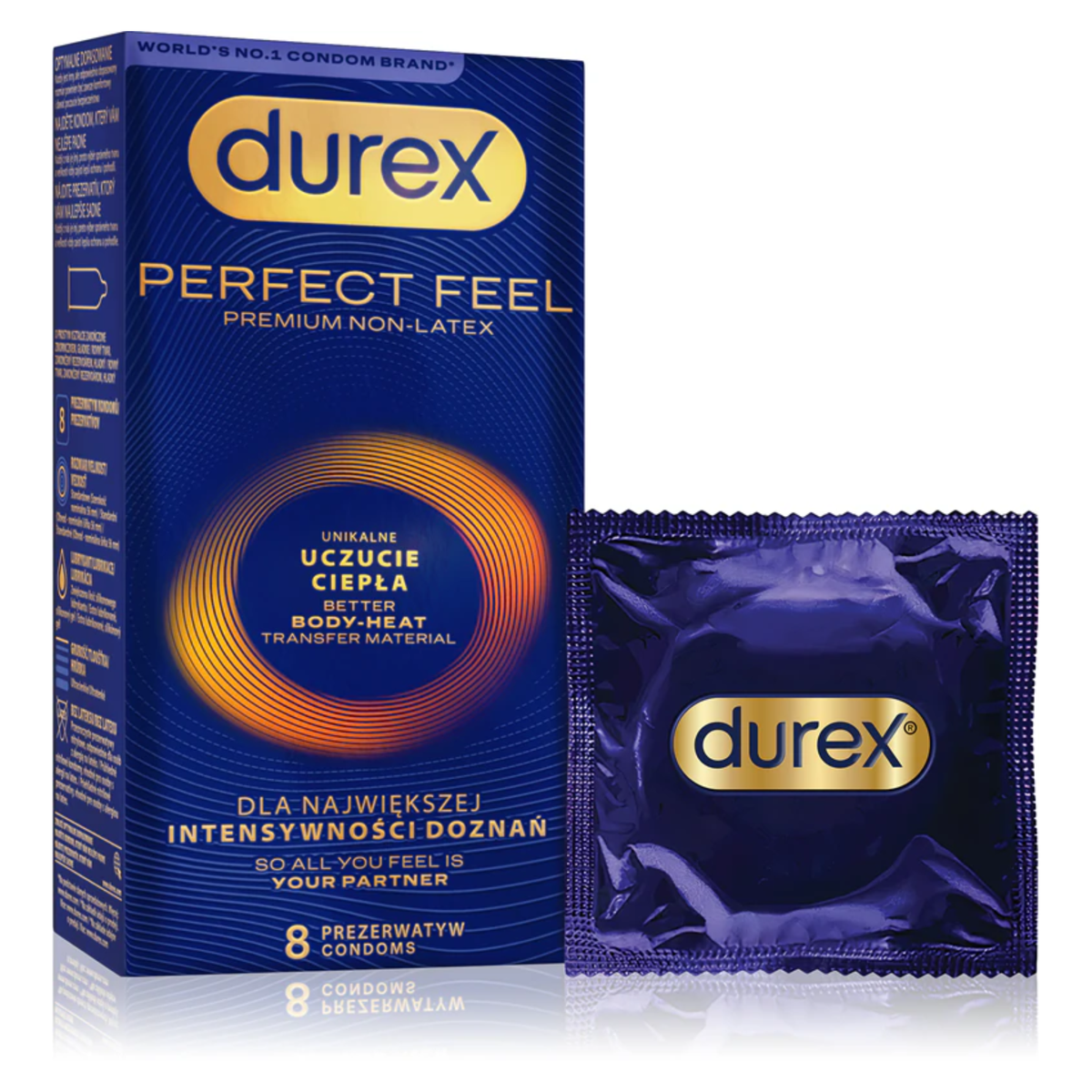 A dark blue Durex Perfect Feel "Premium Non-Latex" condom box standing next to a single purple foil wrapper. The packaging features gold accents and a glowing orange circular ripple design. The text includes the Durex logo in a gold pill shape and Polish phrases like "Unikalne Uczucie Ciepła" (Unique Feeling of Warmth). The bottom indicates it is an 8-pack.