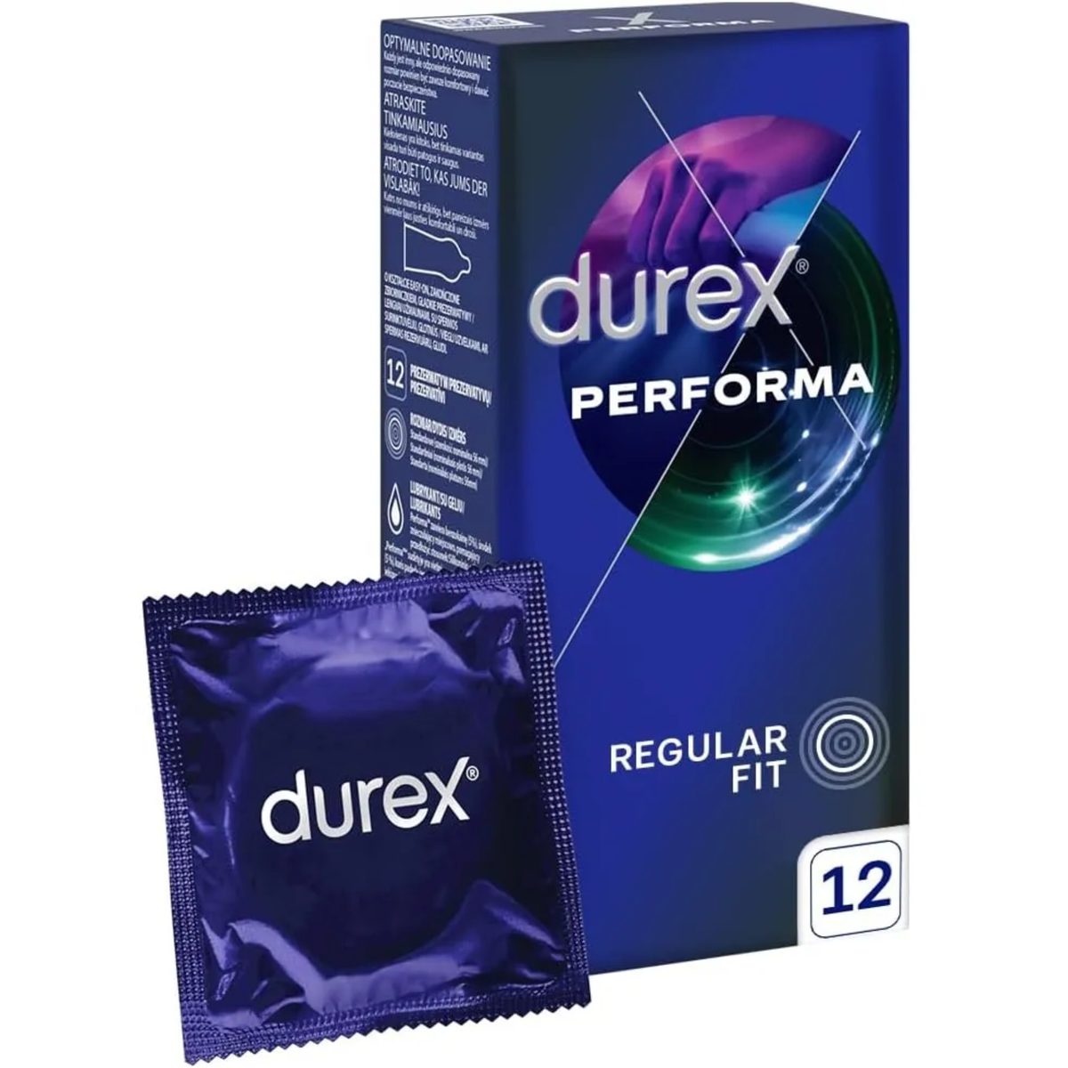 A product shot featuring a dark blue Durex Performa box alongside a single blue foil condom wrapper. The box displays a circular graphic with a purple-tinted silhouette of hands and green light streaks. Text on the side panel is in multiple languages, including Polish and Lithuanian, detailing the "Regular Fit" and "Nominal Width 56mm." The box indicates it contains 12 condoms. Imagen principal del producto