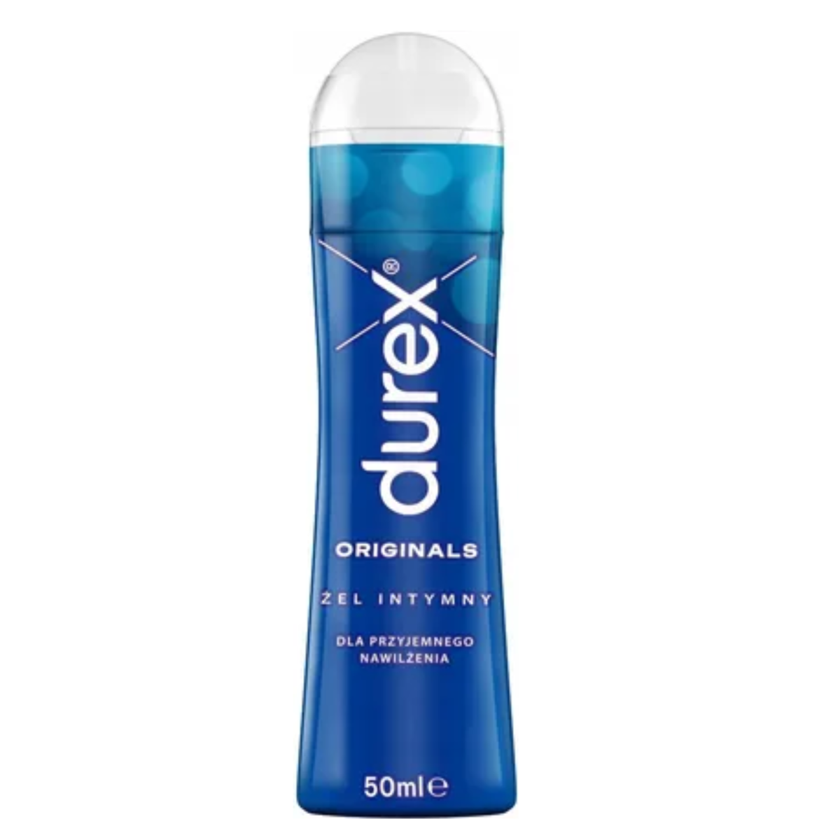 A product shot of a dark blue 50ml Durex Originals Lube bottle on a white background, featuring the Durex logo and text in English and Polish. Imagen principal del producto
