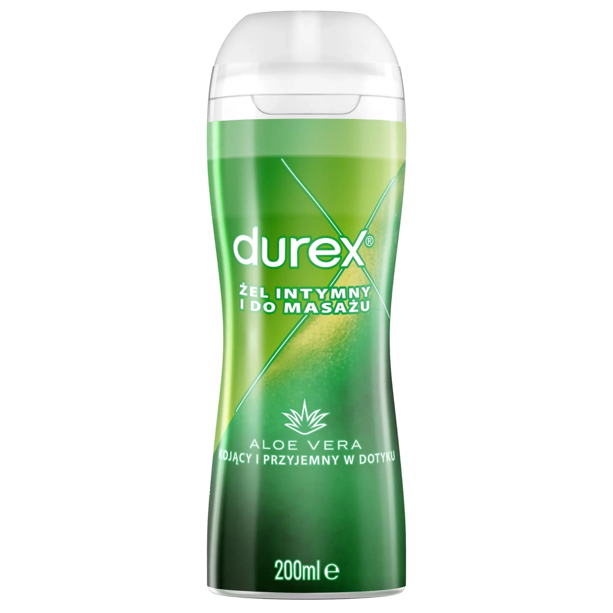 A front-facing image t of a 200ml bottle of Durex Massage Lube with Aloe Vera. The bottle has a curved, ergonomic design with a green and yellow gradient label featuring a graphic of an aloe vera leaf and Polish text describing it as a soothing intimate and massage gel. Imagen principal del producto