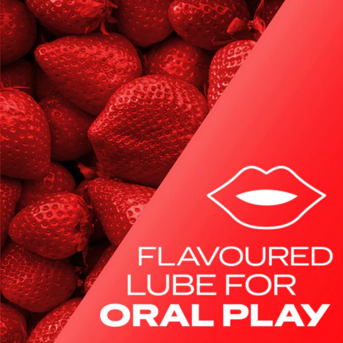 A close-up image of fresh strawberries filling the background, with a red diagonal overlay featuring a white outline of lips and the text: "FLAVOURED LUBE FOR ORAL PLAY".