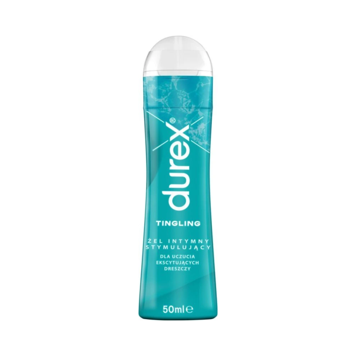 A clear product shot of a blue 50ml Durex Tingle Lube bottle on a white background, featuring the Durex logo and text in English and Polish. Imagen principal del producto