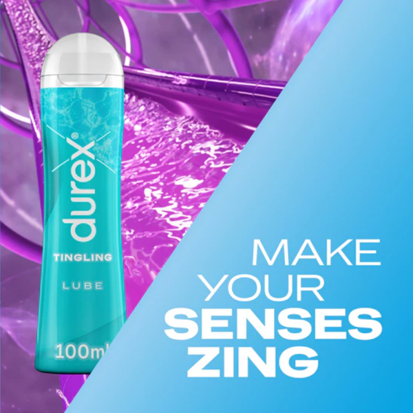 A product shot of a blue Durex Tingle Lube bottle against an abstract purple and pink water/gel background. A diagonal blue overlay features the text: "MAKE YOUR SENSES ZING."