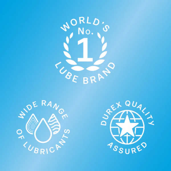A graphic on a blue background highlighting three brand assurances with white icons: "WORLD'S No. 1 LUBE BRAND," "WIDE RANGE OF LUBRICANTS," and "DUREX QUALITY ASSURED."