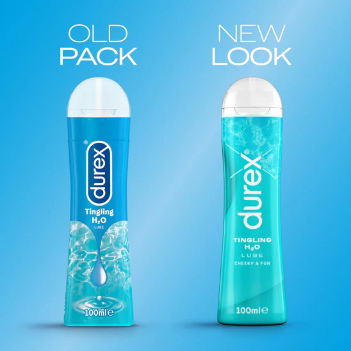 A comparison graphic showing the "OLD PACK" next to the "NEW LOOK" of Durex Play Tingling gel.