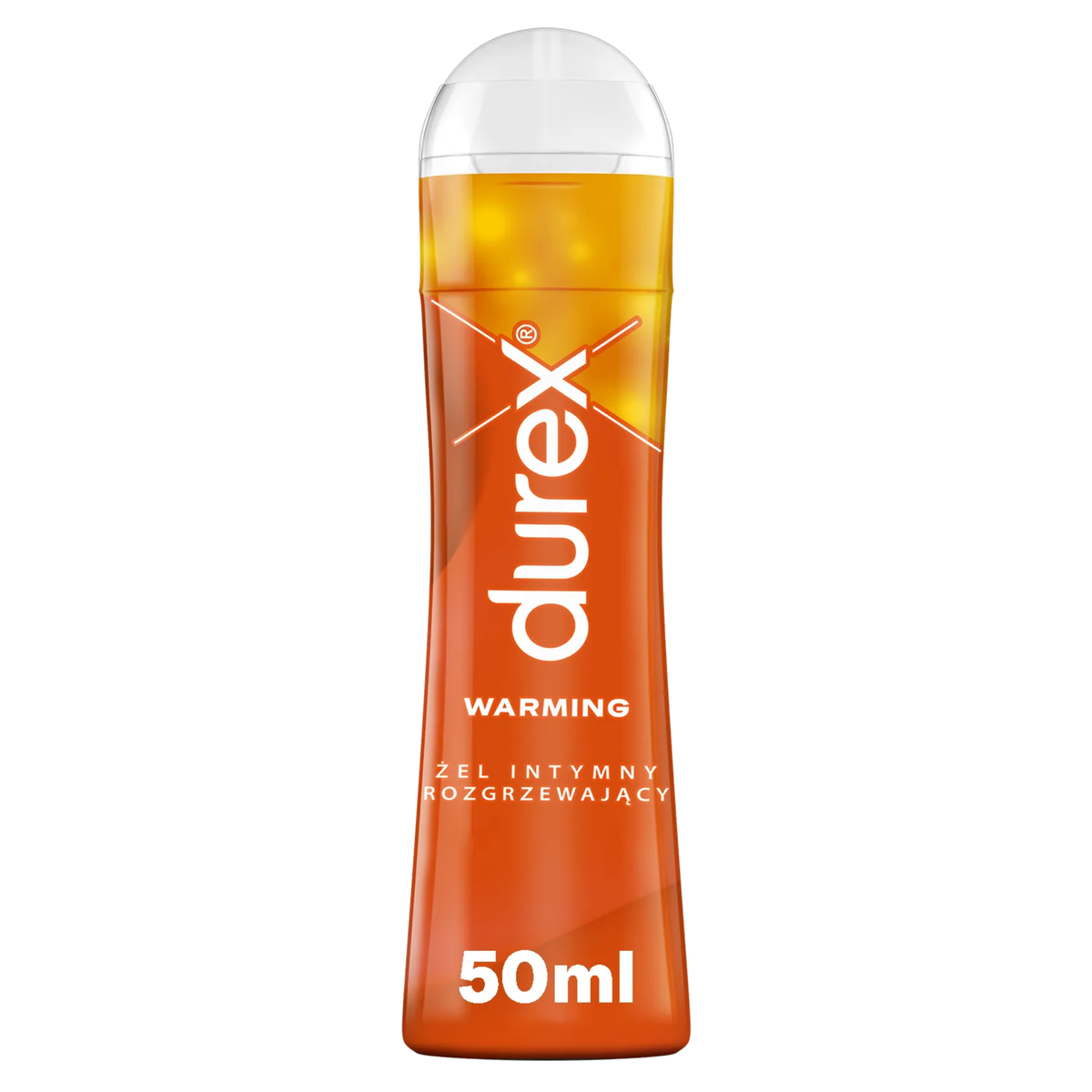 A single bottle of Durex Warming Lube with a Polish label. The bottle is orange and yellow, featuring the Durex logo and "WARMING," along with the Polish text "ŻEL INTYMNY ROZGRZEWAJĄCY" and a volume of "50ml" at the bottom. Imagen principal del producto
