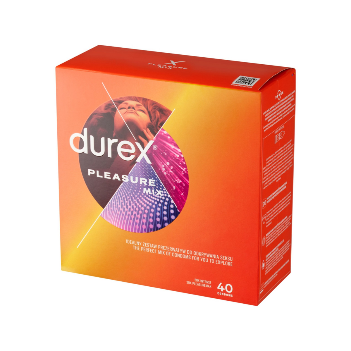 An image of Durex Pleasure Mix condom box against a white background. The box is a gradient orange color. The front features a large "durex" logo in white, with "PLEASURE MIX" underneath it in smaller letters. The bottom right corner of the box is labeled with a white circle indicating "40 Condoms". The side of the box lists "20x INTENSE" and "20x PLEASUREMAX." 