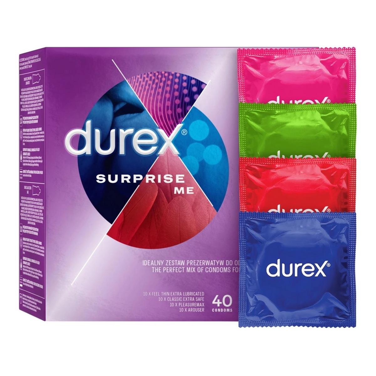 A purple Durex Surprise Me condom box is shown next to four individually wrapped condoms. The four condoms are stacked vertically to the right of the box. They are pink, green, red, and blue. The durex logo is printed on each condom wrapper.