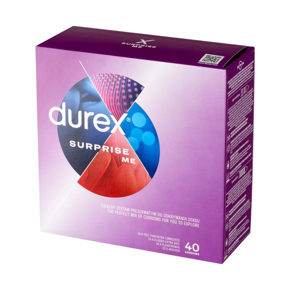 A Durex Surprise Me condom box is shown in the white background. The box is purple with the word "durex" at the top, and "SURPRISE ME". At the bottom of the box, text reads, "The perfect mix of condoms for you to explore," and lists four types of condoms. Imagen principal del producto