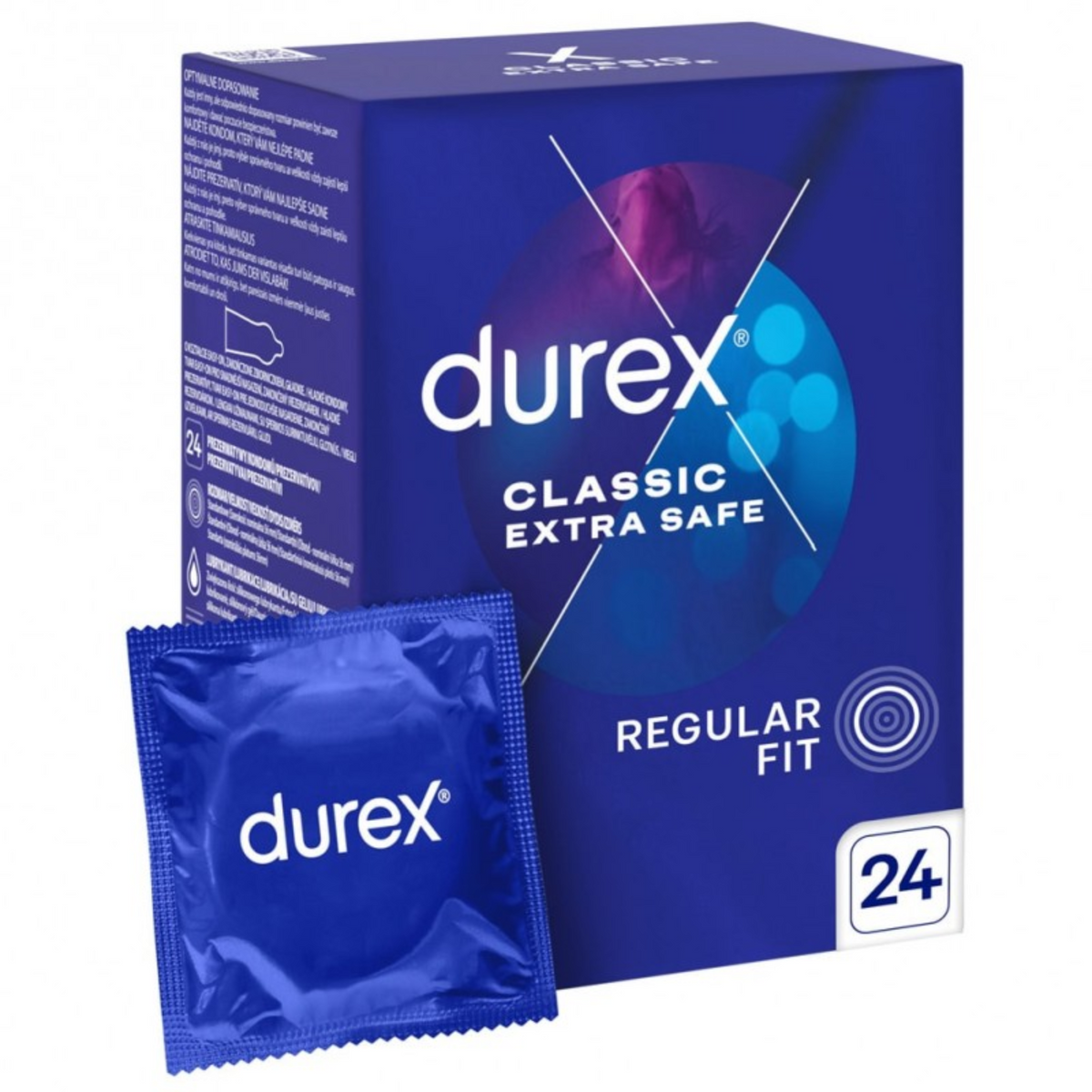 The front of a blue Durex Extra Safe condom box. It features a circular graphic of purple and blue light bokeh at the top. Text indicates "Regular Fit" and contains 24 condoms. Imagen principal del producto