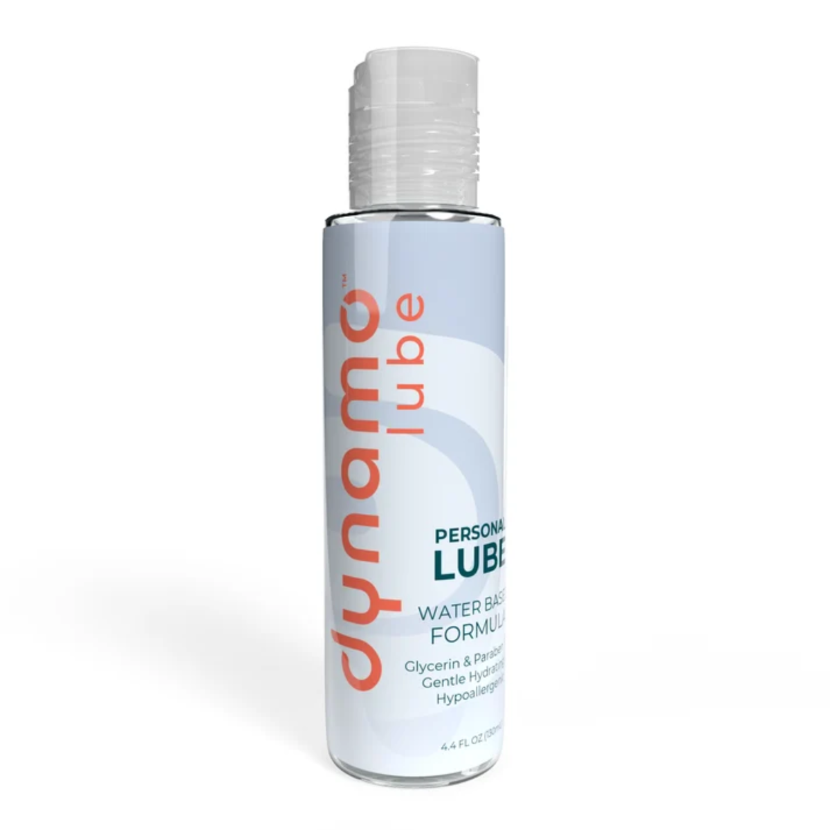 Direct studio shot of the larger 4.4 fl oz (130 ml) bottle of Dynamo Water Based Personal Lube with a clear cap and orange and teal branding. Imagen principal del producto