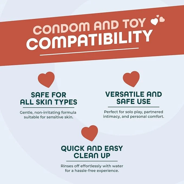 Informational graphic titled "Condom and Toy Compatibility" detailing three core benefits: safe for all skin types, versatile and safe use, and quick and easy clean up.