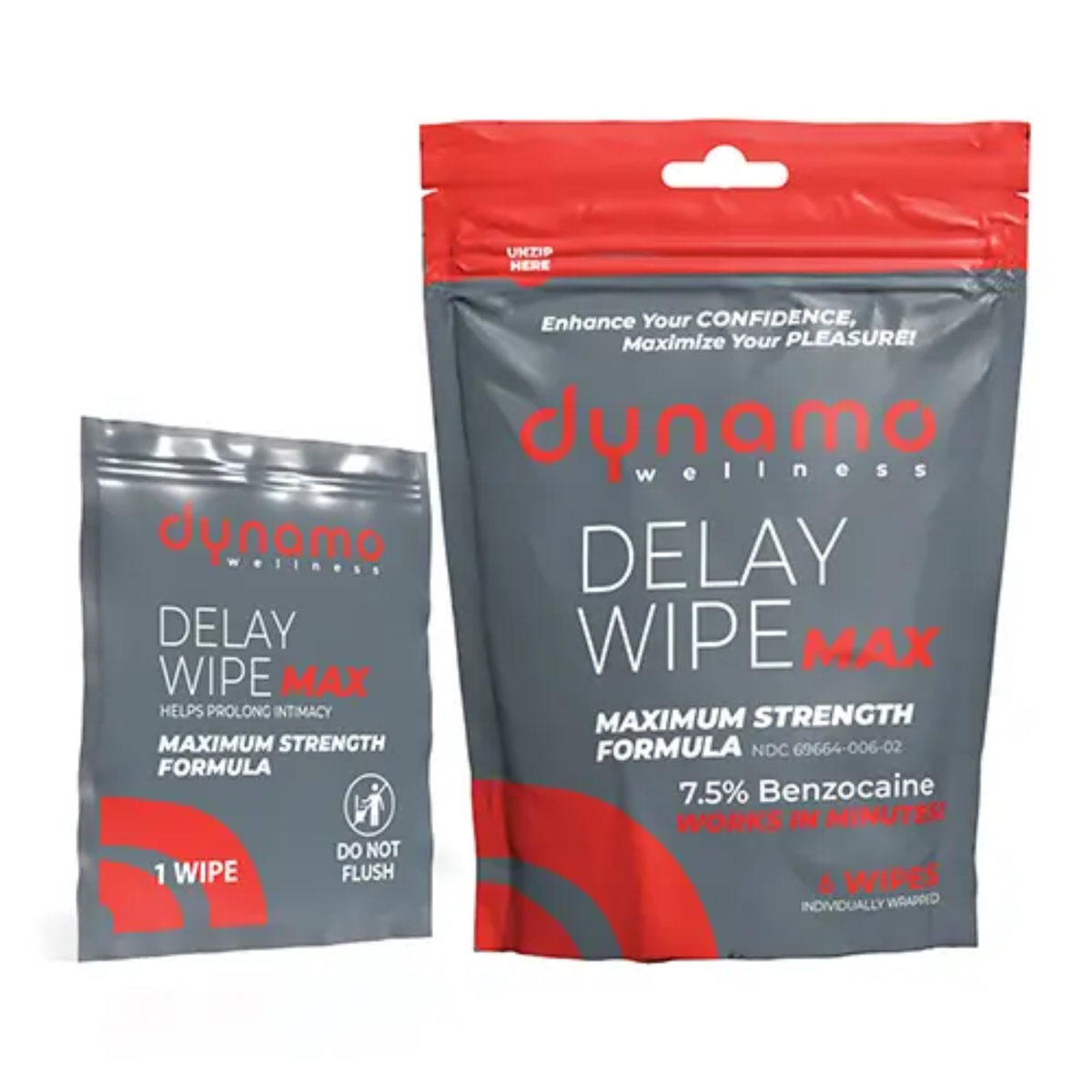 Product set view showing a 6-count resealable pouch of Dynamo Wellness Delay Wipe Max next to an individually wrapped single wipe packet.