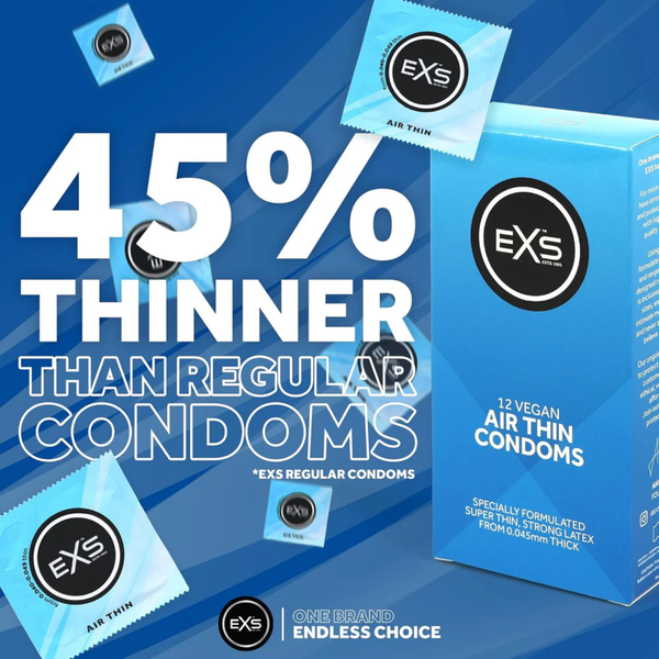 Promotional graphic featuring a light blue box of EXS Air Thin Condoms surrounded by individual foil wrappers. Large overlay text reads "45% THINNER THAN REGULAR CONDOMS".