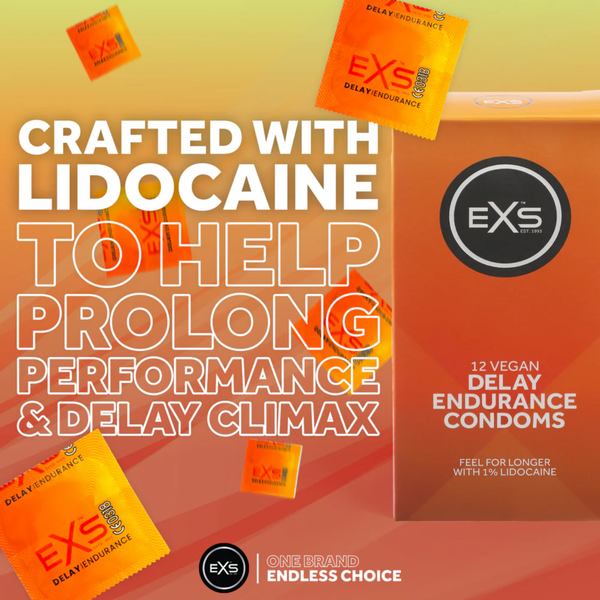 Product packaging graphic featuring an orange box of EXS Delay Endurance Condoms surrounded by floating individual orange foil wrappers. Overlay text reads "CRAFTED WITH LIDOCAINE TO HELP PROLONG PERFORMANCE & DELAY CLIMAX".
