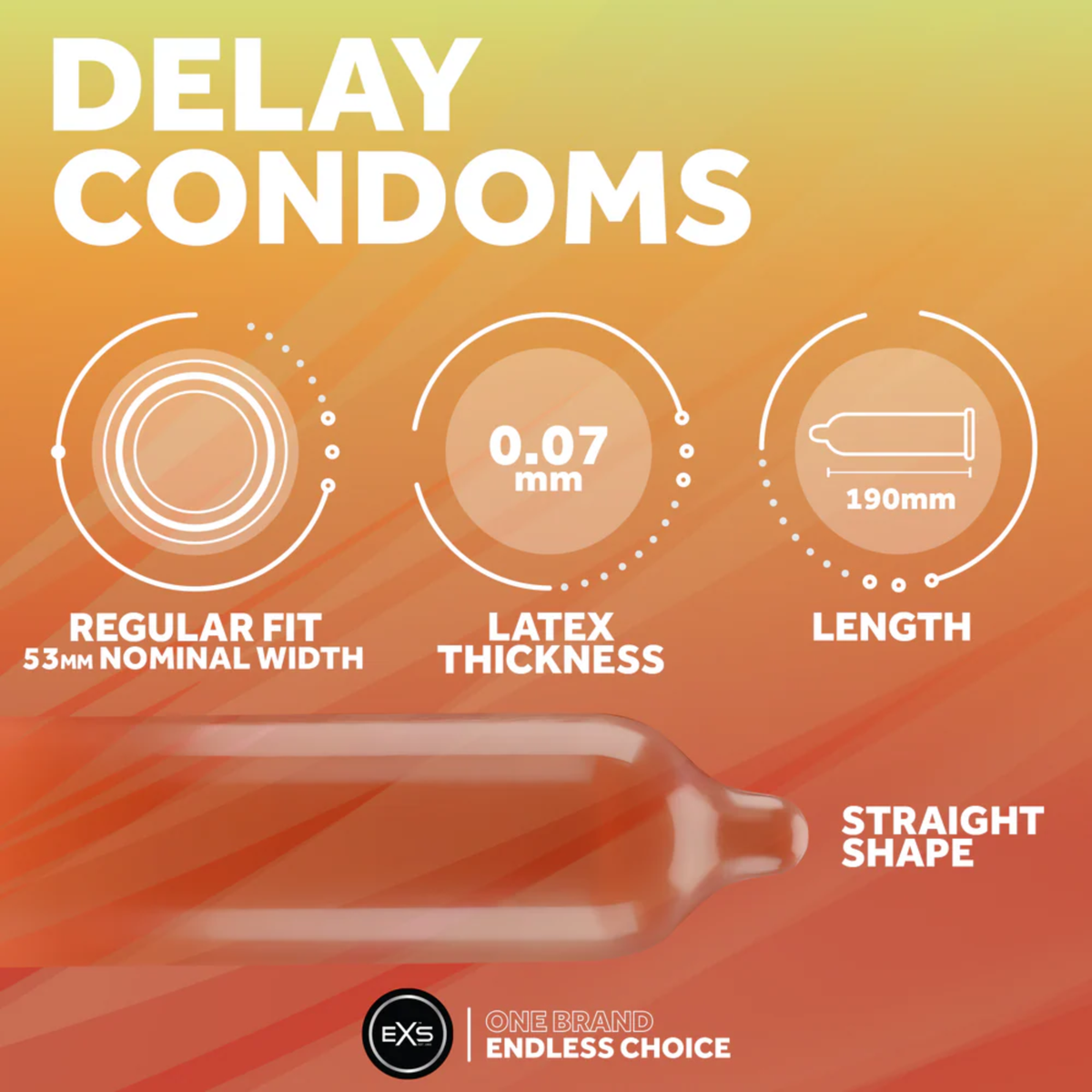 Specification infographic for EXS Delay Condoms set against an orange gradient background, illustrating a 53mm nominal regular fit width, 0.07mm latex thickness, 190mm length, and straight shape design.