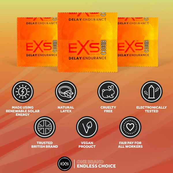 An infographic set against an orange gradient background detailing product features above three bright orange EXS Delay Endurance condom foil wrappers. Feature icons highlight solar energy manufacturing, natural latex, cruelty-free certification, electronic testing, British branding, vegan formula, and fair pay practices.