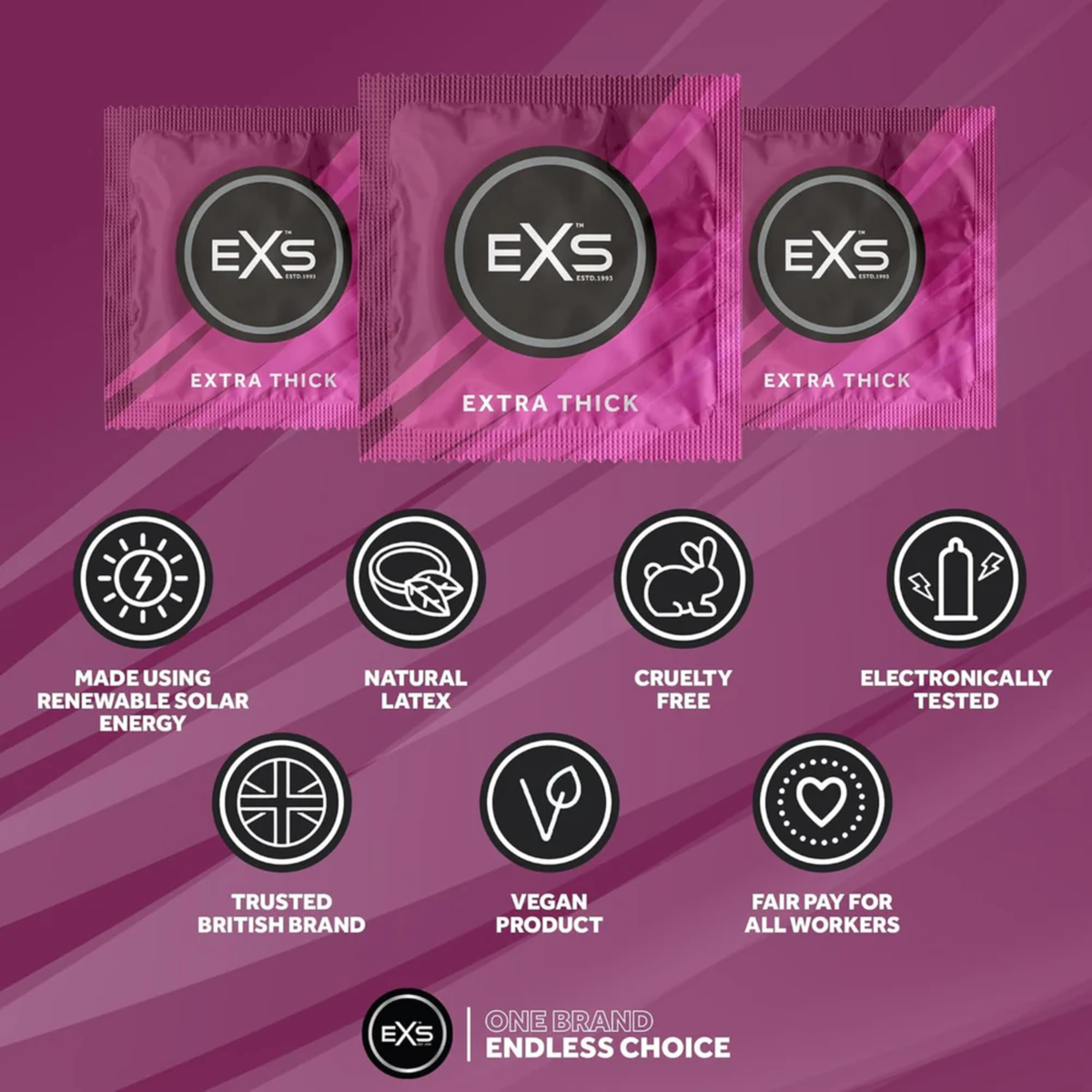 An infographic set against a dark purple background detailing product features above three magenta EXS Extra Thick condom foil wrappers. Feature icons highlight solar energy manufacturing, natural latex, cruelty-free certification, electronic testing, British branding, vegan formula, and fair pay practices.