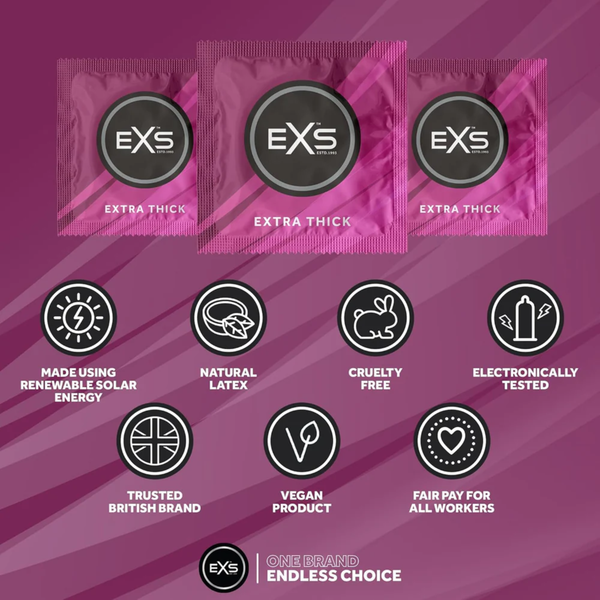 An infographic set against a dark purple background detailing product features above three magenta EXS Extra Thick condom foil wrappers. Feature icons highlight solar energy manufacturing, natural latex, cruelty-free certification, electronic testing, British branding, vegan formula, and fair pay practices.