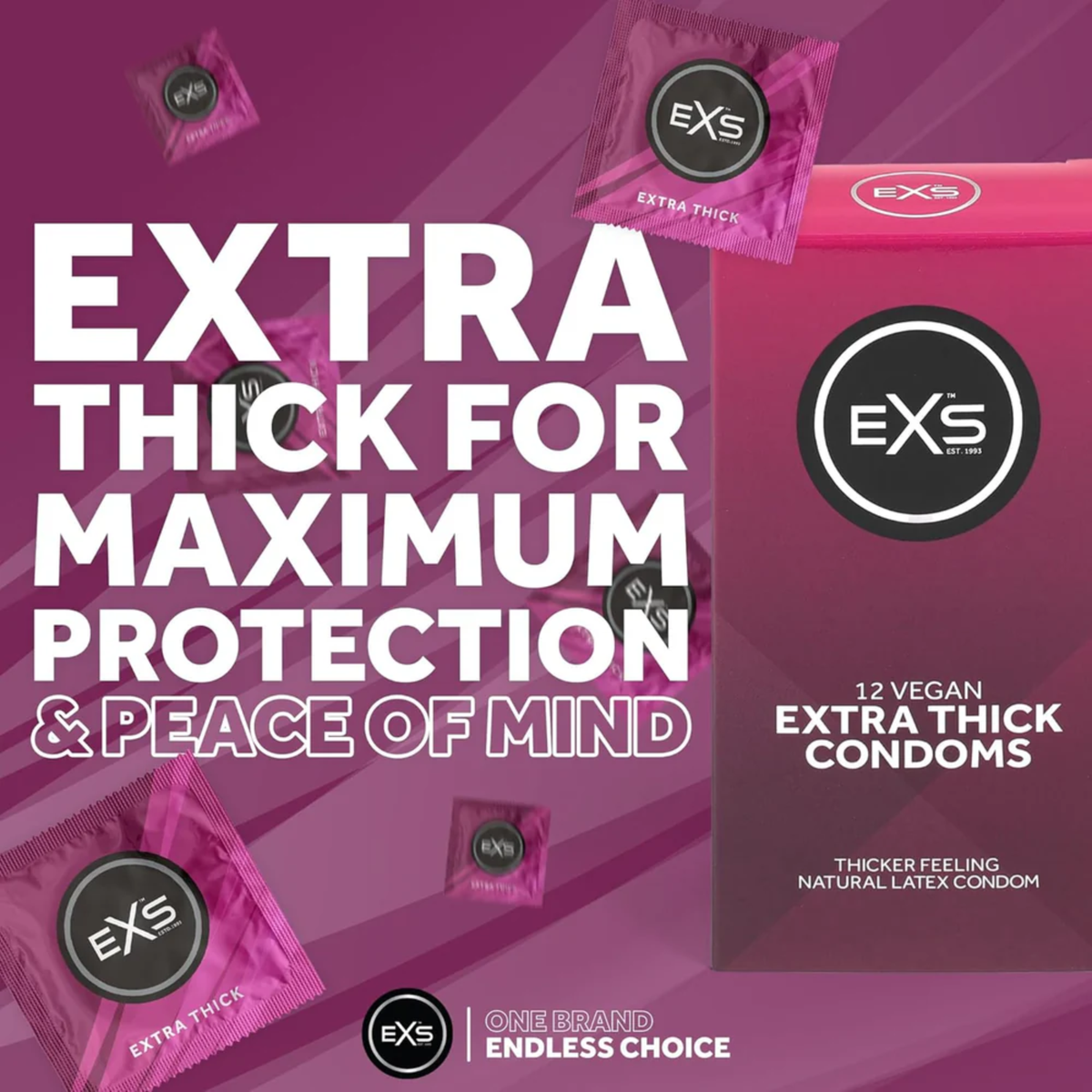 Product packaging layout featuring a box of EXS Extra Thick 12 Pack Vegan Condoms alongside individual magenta foil wrappers. Promotional overlay text reads "EXTRA THICK FOR MAXIMUM PROTECTION & PEACE OF MIND".