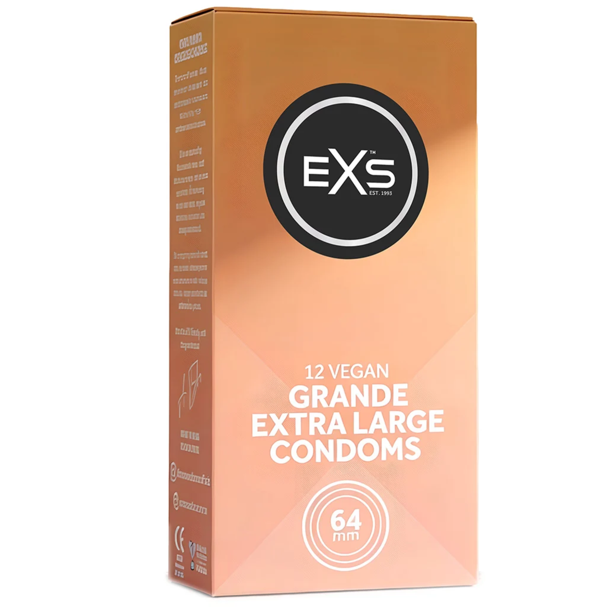 Studio product photo of the peach-colored EXS 12 Vegan Grande Extra Large Condoms (64mm) box standing at an angle against a solid white background. Imagen principal del producto