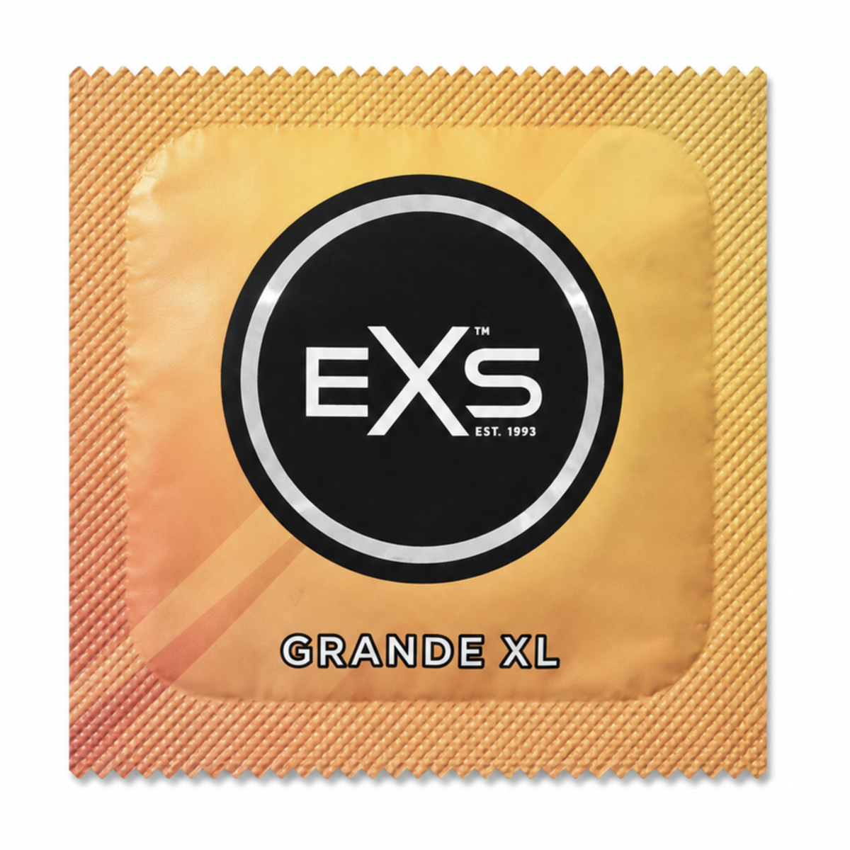 Close-up front view of a single gold/peach EXS Grande XL condom foil wrapper centered with the black EXS logo and "GRANDE XL" text.