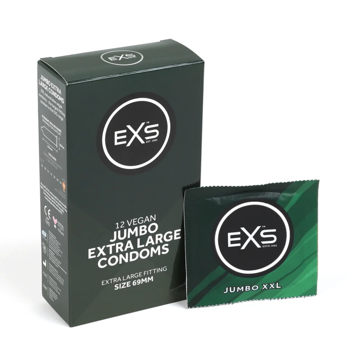 Studio product shot showing the dark green box of EXS 12 Vegan Jumbo Extra Large Condoms standing next to a single sealed dark green foil wrapper against a plain white background. Imagen principal del producto