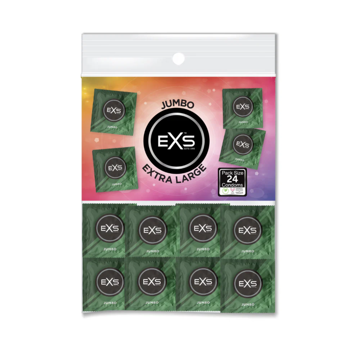 The retail packaging for the EXS Jumbo Extra Large condoms. It is a clear poly-bag containing 24 individually wrapped condoms. The header of the bag features a vibrant, colorful gradient background with the EXS logo in a large circle and a "Pack Size 24 Condoms" badge. Below the header, several green and black condom wrappers are visible, arranged in neat rows. Imagen principal del producto