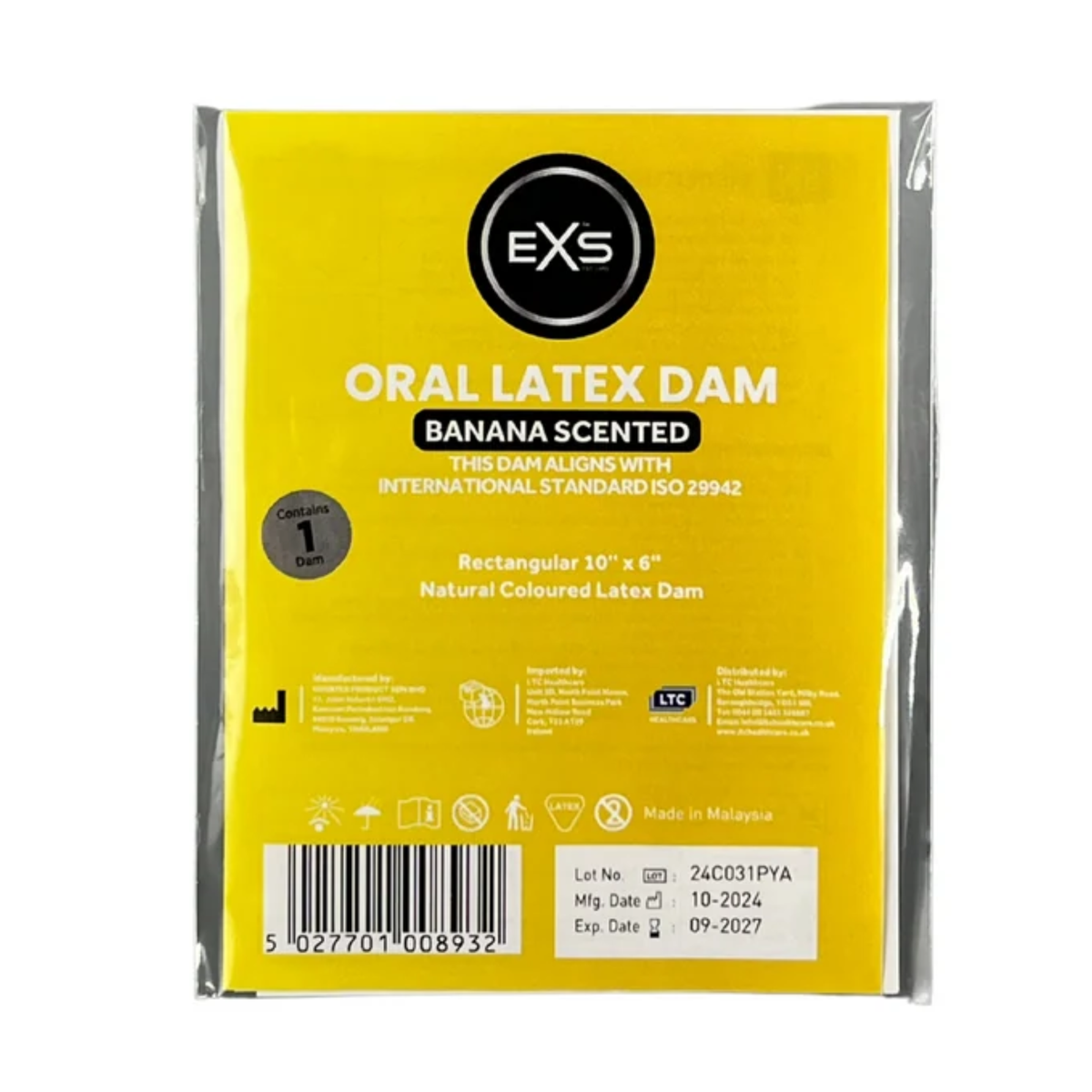 Front view of a single-pack bright yellow EXS Banana Scented Oral Latex Dam in clear plastic packaging, featuring white product text, dimensions (10" x 6"), safety icons, and a barcode at the bottom.
