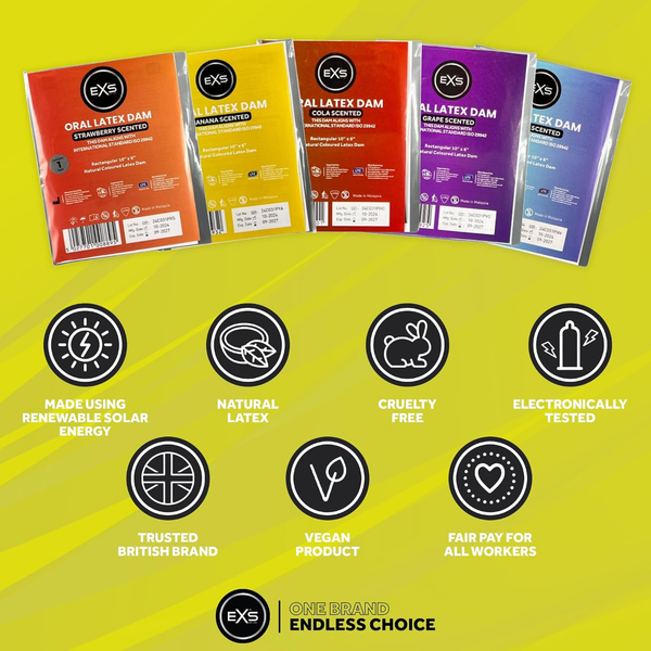 Infographic set against a yellow background featuring five EXS Oral Latex Dam varieties—Strawberry, Banana, Cola, Grape, and Vanilla—above seven brand value icons highlighting solar energy manufacturing, natural latex, cruelty-free certification, electronic testing, British branding, vegan formula, and fair pay.
