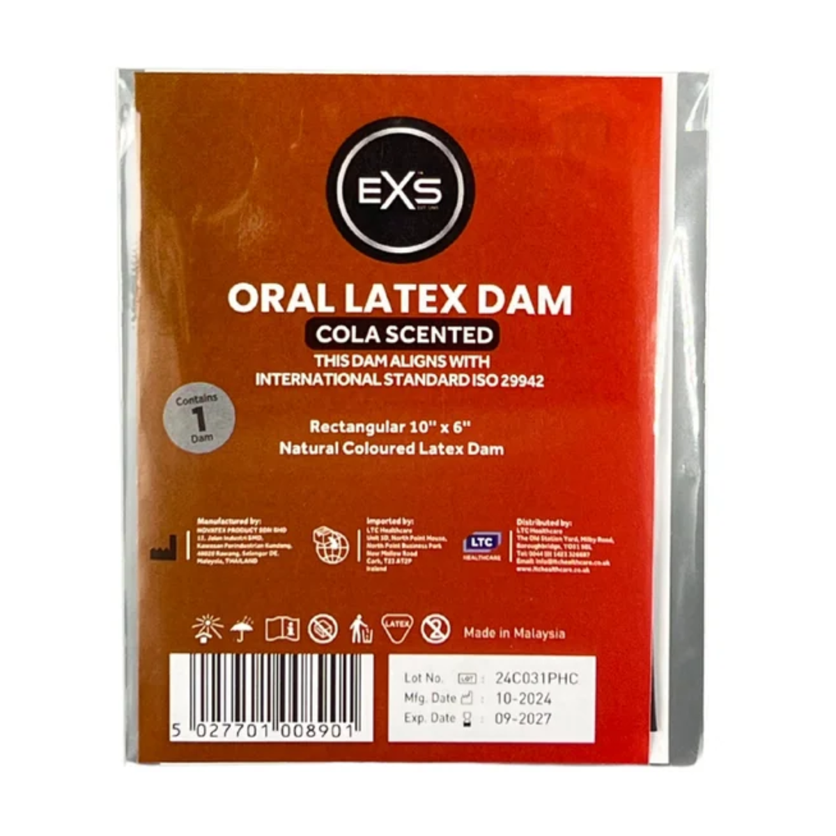 Front view of a single-pack brown and red-orange EXS Cola Scented Oral Latex Dam in clear plastic packaging, featuring white product text, dimensions (10" x 6"), safety icons, and a barcode at the bottom. Imagen principal del producto